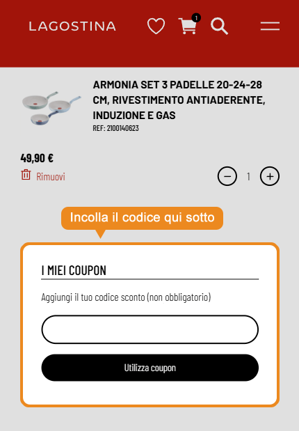 Dove inserire il codice sconto Lagostina