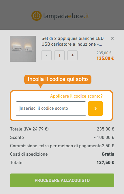 Dove inserire il codice sconto Lampadaeluce