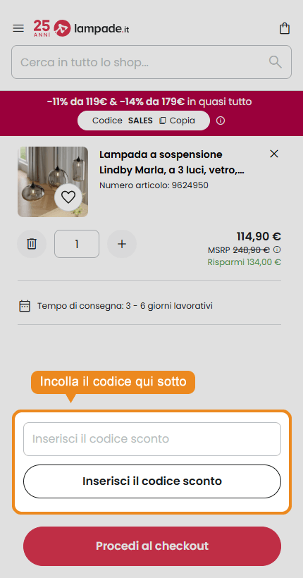 Dove inserire il codice sconto Lampade.it