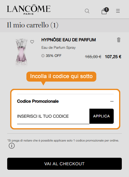 Dove inserire il codice sconto Lancome