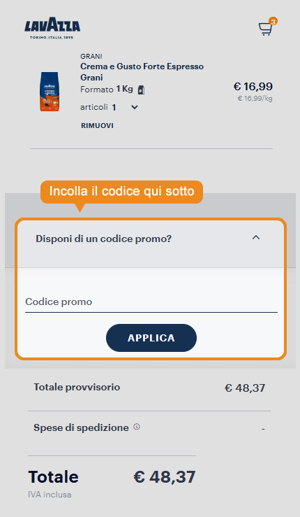 Dove inserire il codice sconto Lavazza