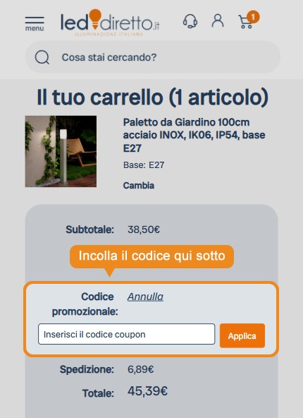 Dove inserire il codice sconto LED diretto