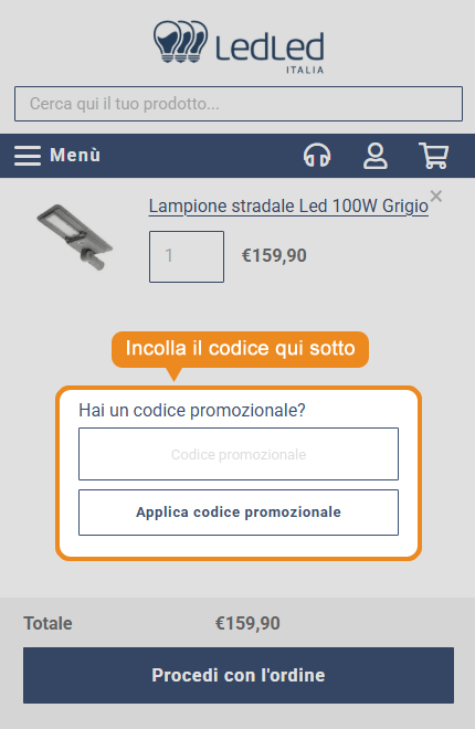 Dove inserire il codice sconto LedLedITALIA