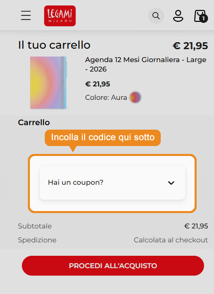 Dove inserire il codice sconto Legami