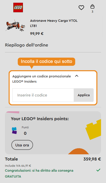 Dove inserire il codice sconto LEGO