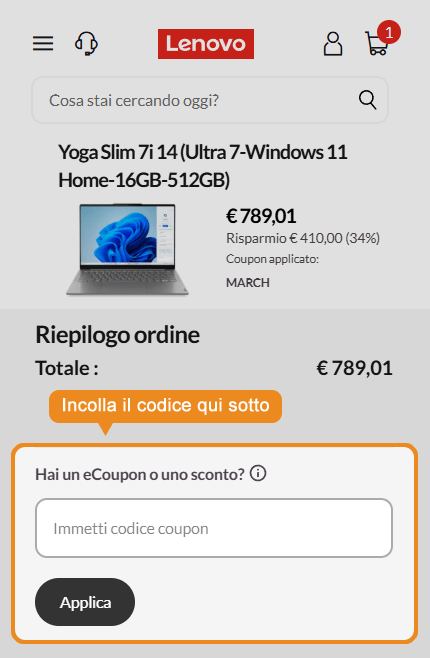Dove inserire il codice sconto Lenovo