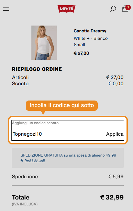 Dove inserire il codice sconto Levi's