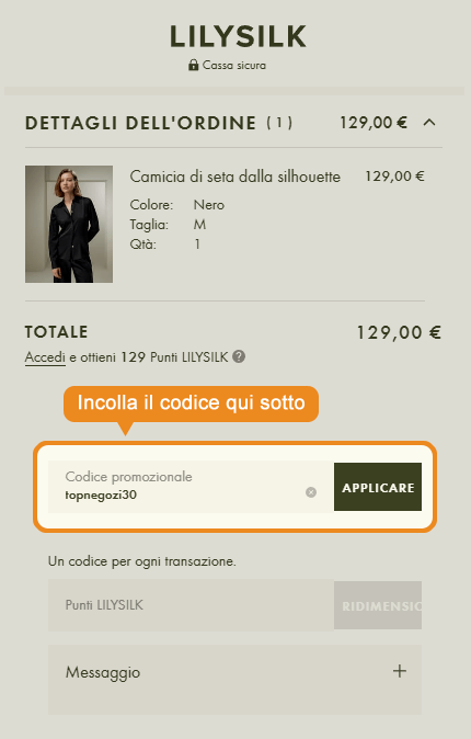 Dove inserire il codice sconto LILYSILK