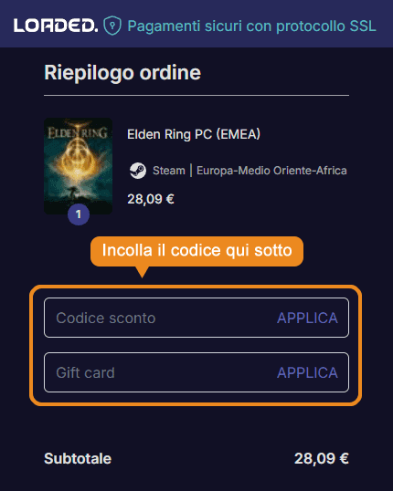 Dove inserire il codice sconto Loaded