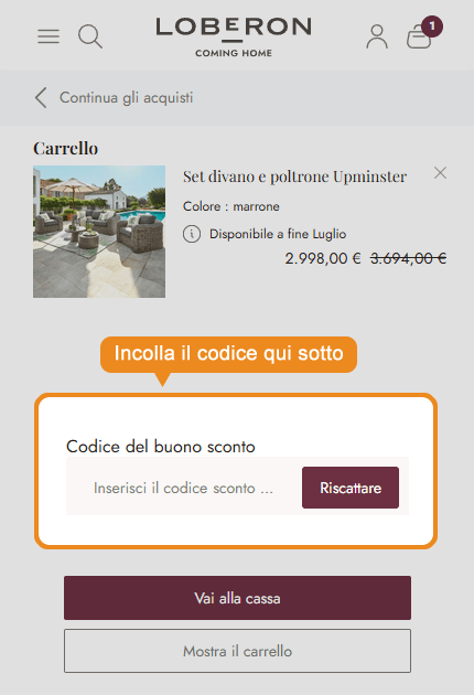 Dove inserire il codice sconto Loberon
