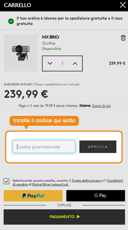 Dove inserire il codice sconto Logitech