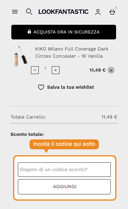 Dove inserire il codice sconto Lookfantastic
