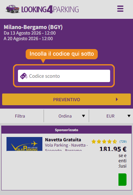 Dove inserire il codice sconto Looking4Parking