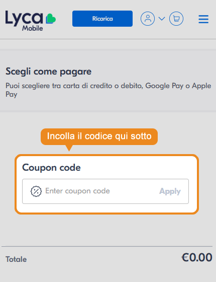 Dove inserire il codice sconto Lyca Mobile