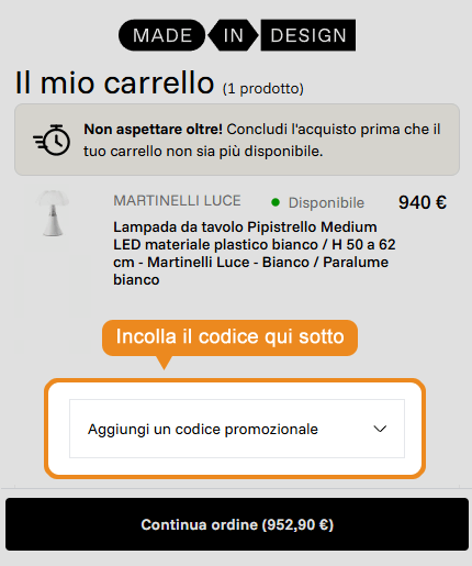 Dove inserire il codice sconto Made In Design