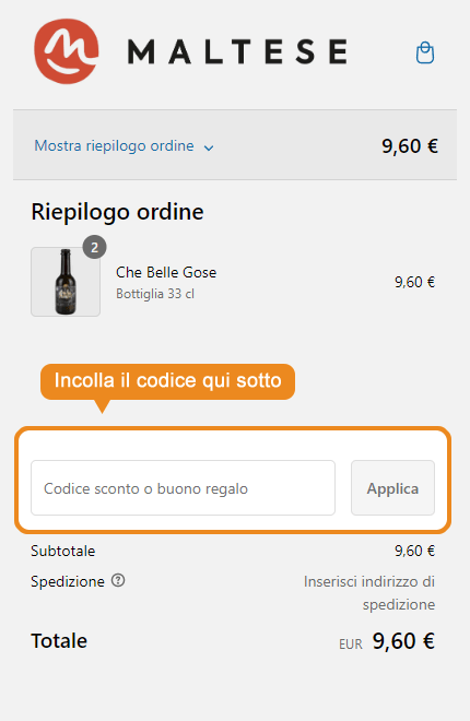 Dove inserire il codice sconto Maltese