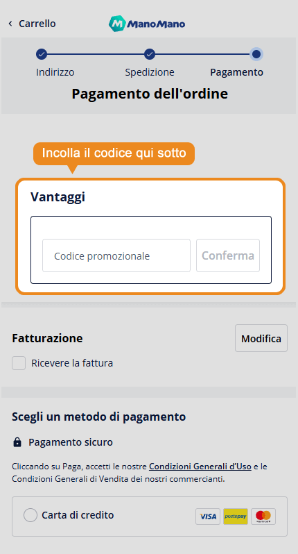 Dove inserire il codice sconto ManoMano