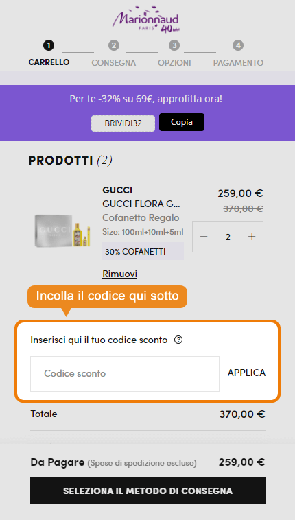 Dove inserire il codice sconto Marionnaud