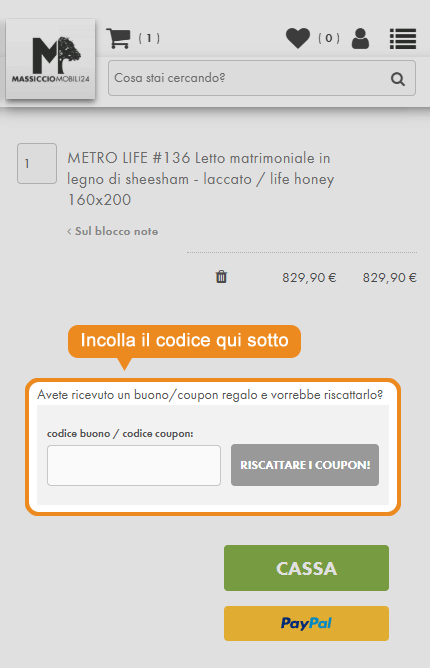 Dove inserire il codice sconto Massiccio Mobili 24