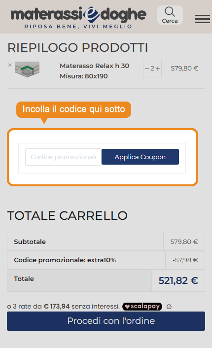 Dove inserire il codice sconto Materassi e Doghe