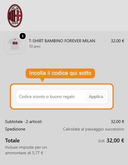 Dove inserire il codice sconto Milan Store