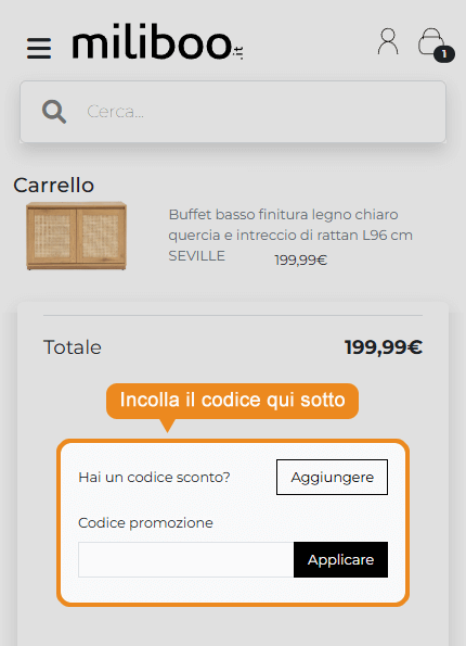 Dove inserire il codice sconto Miliboo