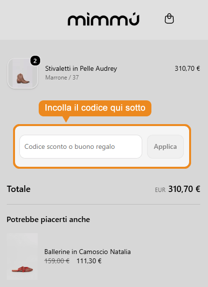 Dove inserire il codice sconto Mimmù