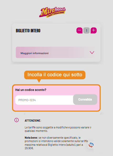 Dove inserire il codice sconto Mirabeach