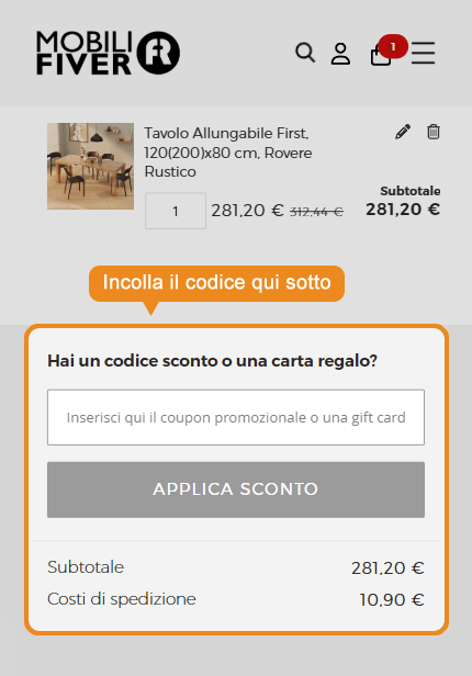 Dove inserire il codice sconto Mobili Fiver