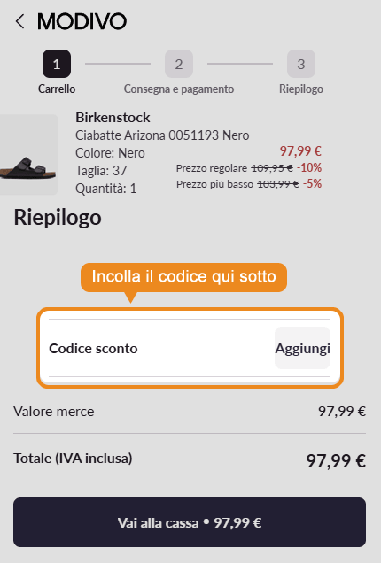 Dove inserire il codice sconto Modivo