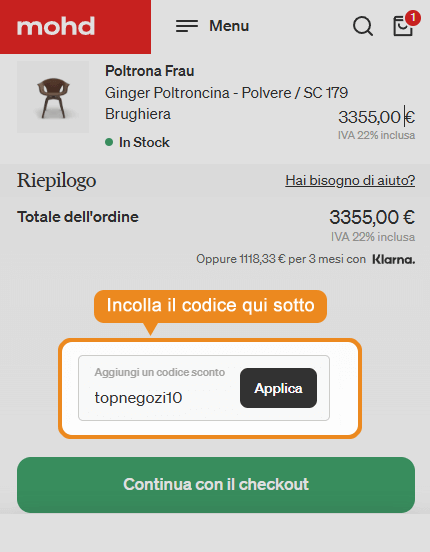 Dove inserire il codice sconto Mohd