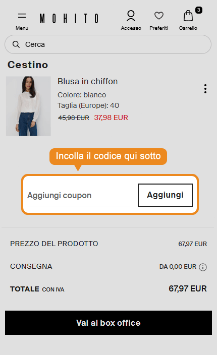 Dove inserire il codice sconto Mohito