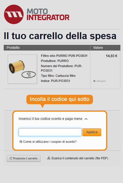 Dove inserire il codice sconto Motointegrator