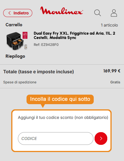 Dove inserire il codice sconto Moulinex