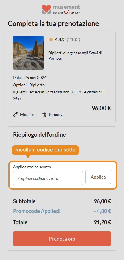 Dove inserire il codice sconto Musement