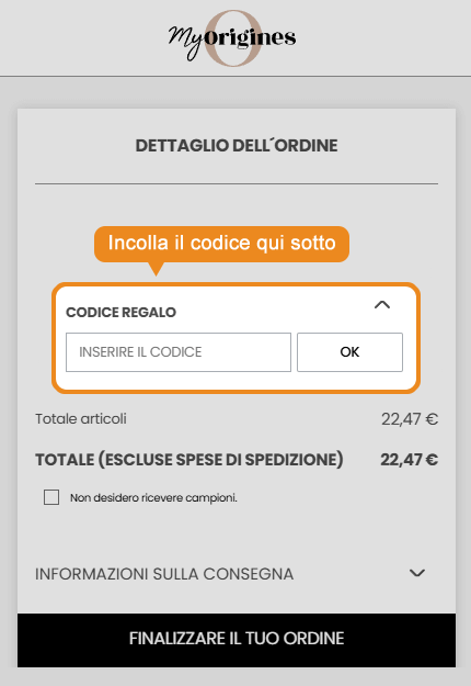 Dove inserire il codice sconto MyOrigines