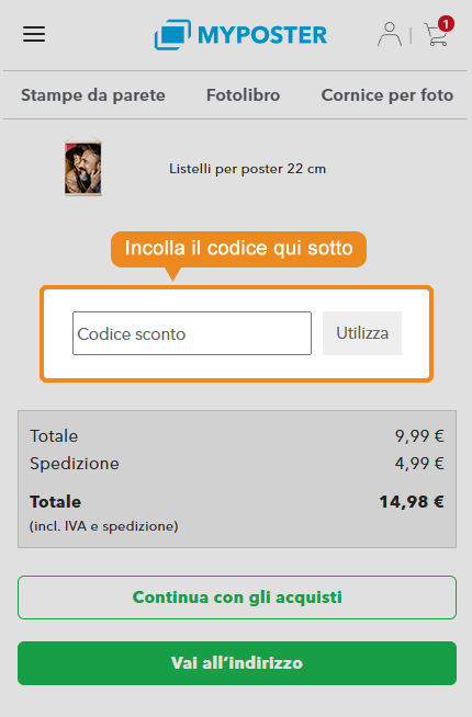 Dove inserire il codice sconto Myposter