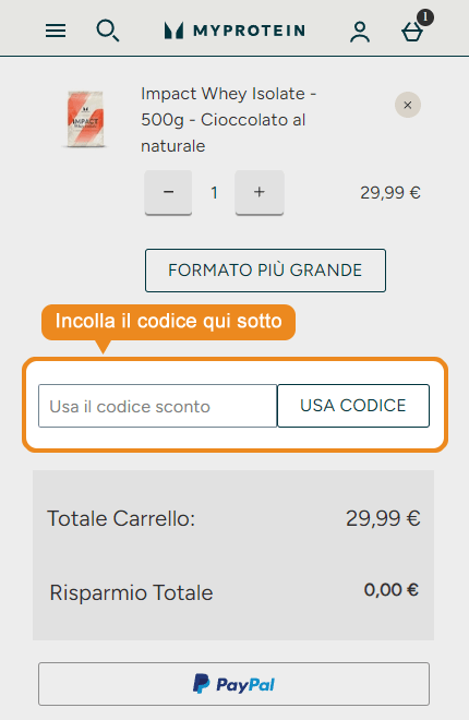 Dove inserire il codice sconto Myprotein
