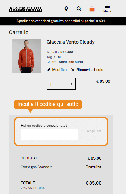 Dove inserire il codice sconto Napapijri