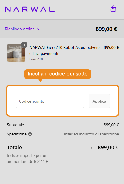 Dove inserire il codice sconto Narwal