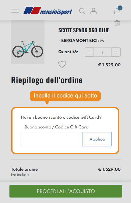 Dove inserire il codice sconto Nencini Sport
