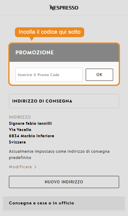 Dove inserire il codice sconto Nespresso