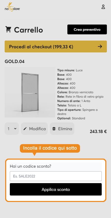 Dove inserire il codice sconto Noflystore