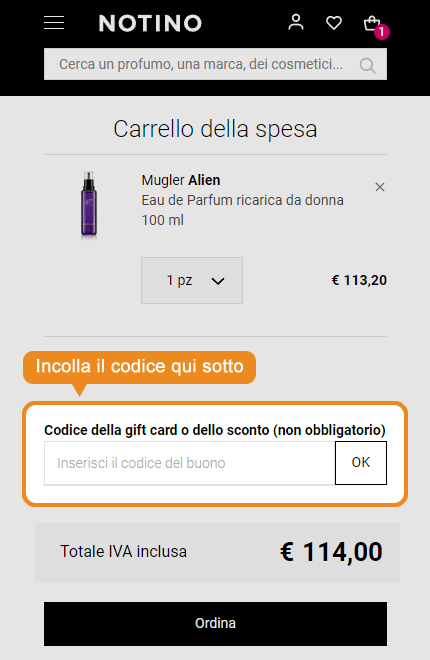 Dove inserire il codice sconto Notino