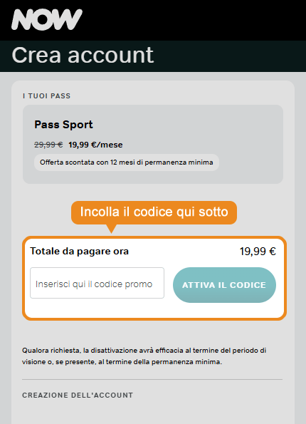 Dove inserire il codice sconto NOW TV