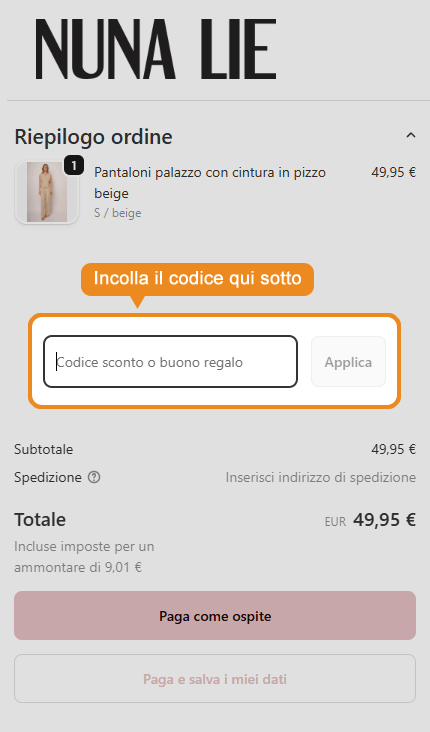Dove inserire il codice sconto Nuna Lie