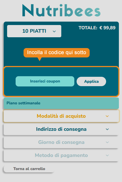 Dove inserire il codice sconto Nutribees