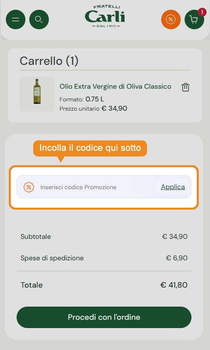 Dove inserire il codice sconto Fratelli Carli