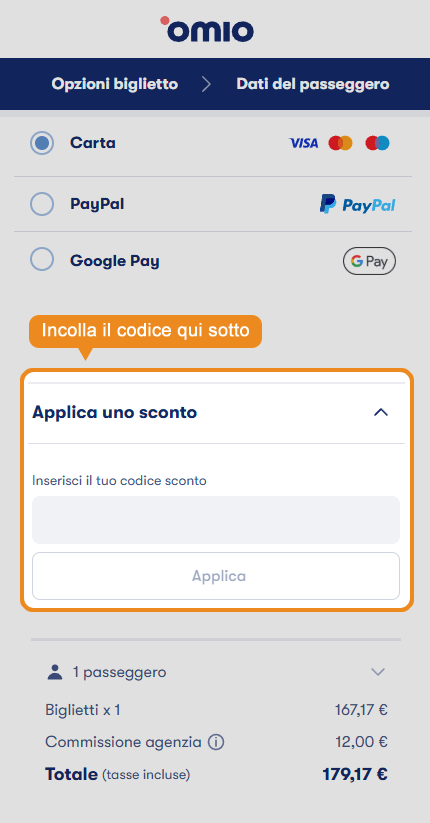 Dove inserire il codice sconto Omio