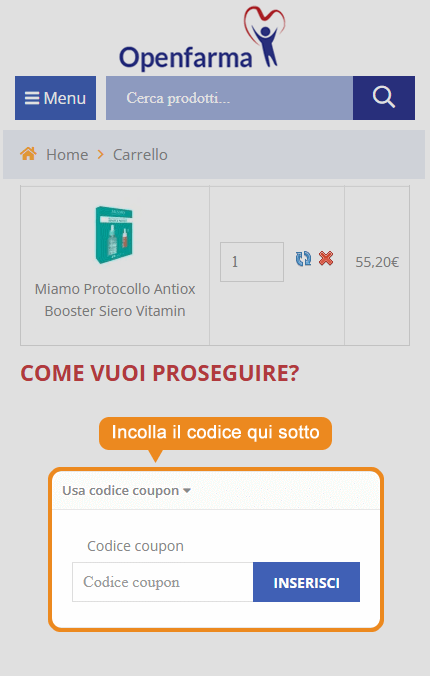 Dove inserire il codice sconto Openfarma